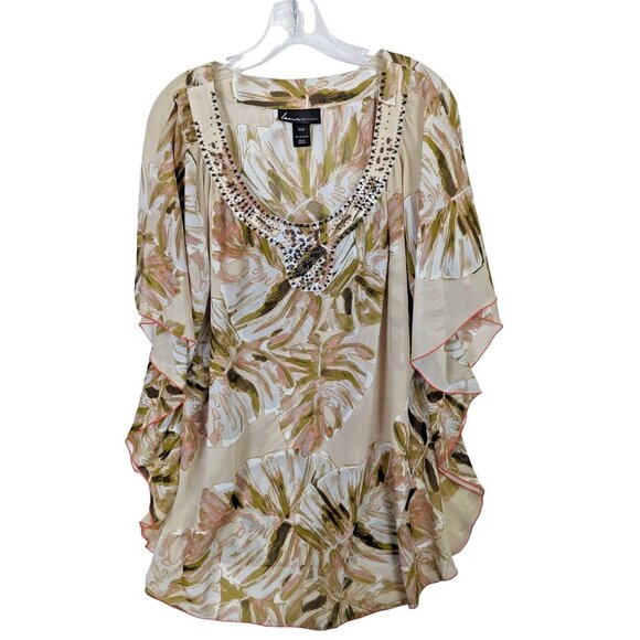 Lane Bryant Tops - Lane Bryant Top Women Plus sz 18/20  Beaded Sheer Leaf Print Poncho Sleeve Flowy